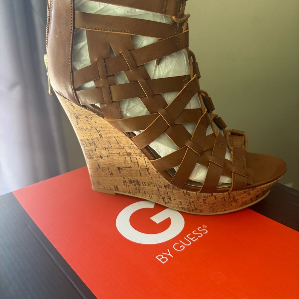 Guess Brown Wedge Sandals with Cork Platform